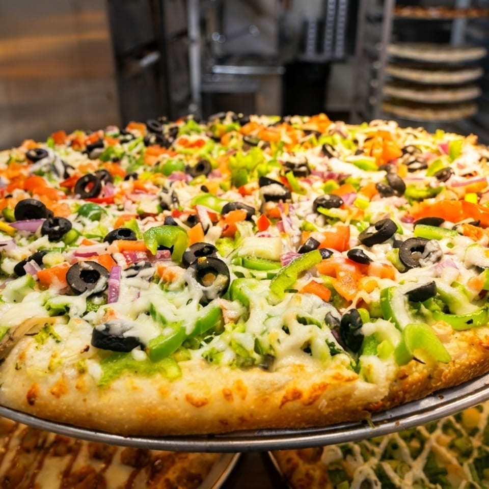 Large vegetarian pizza with black olives, green peppers, red onions, and tomatoes on a metal tray.