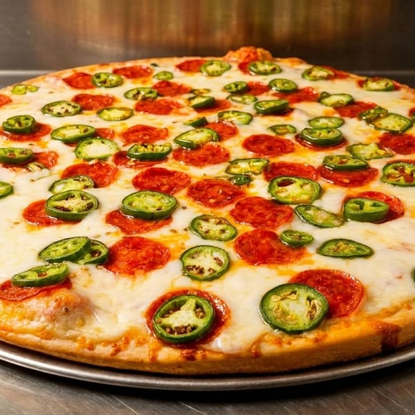 A whole pepperoni and jalapeño pizza with melted cheese on a metal tray.