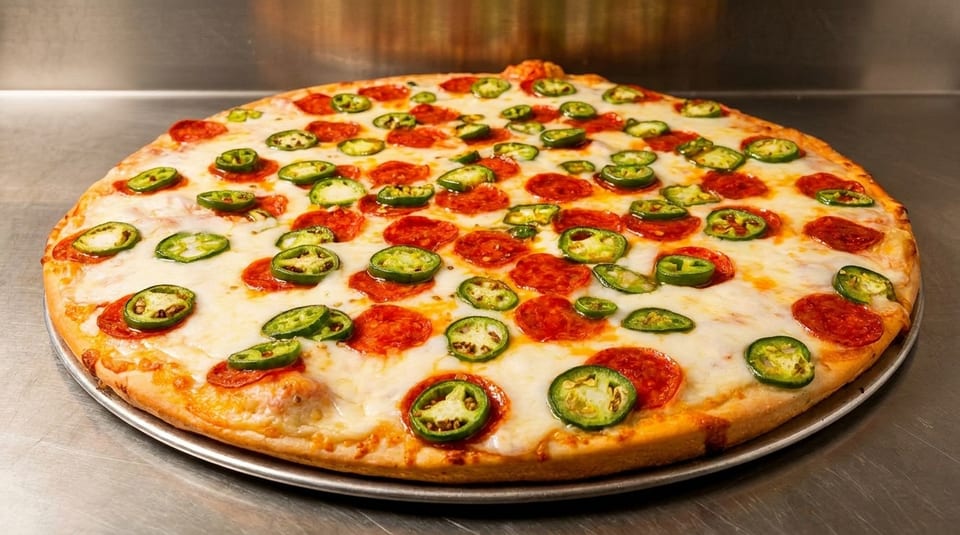 A whole pepperoni and jalapeño pizza with melted cheese on a metal tray.