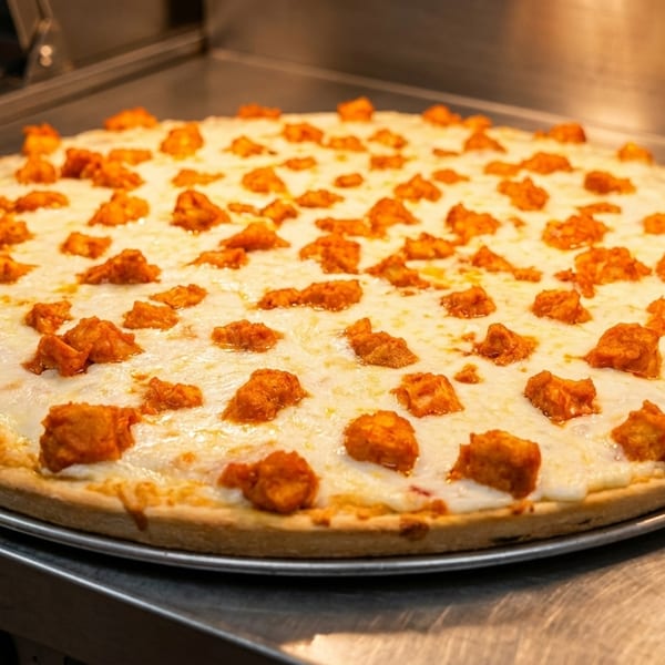 A large, round pizza with melted white cheese and numerous pieces of orange-red chicken on a metal surface.