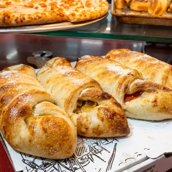 Four golden-brown strombolis with various fillings on a white pizza box, with pizzas in the background.