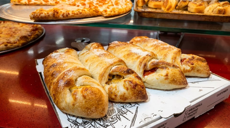 Four golden-brown strombolis with various fillings on a white pizza box, with pizzas in the background.