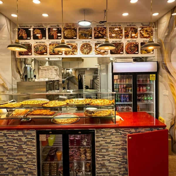 A brightly lit pizza shop interior with various pizzas displayed on a counter and menu boards above.